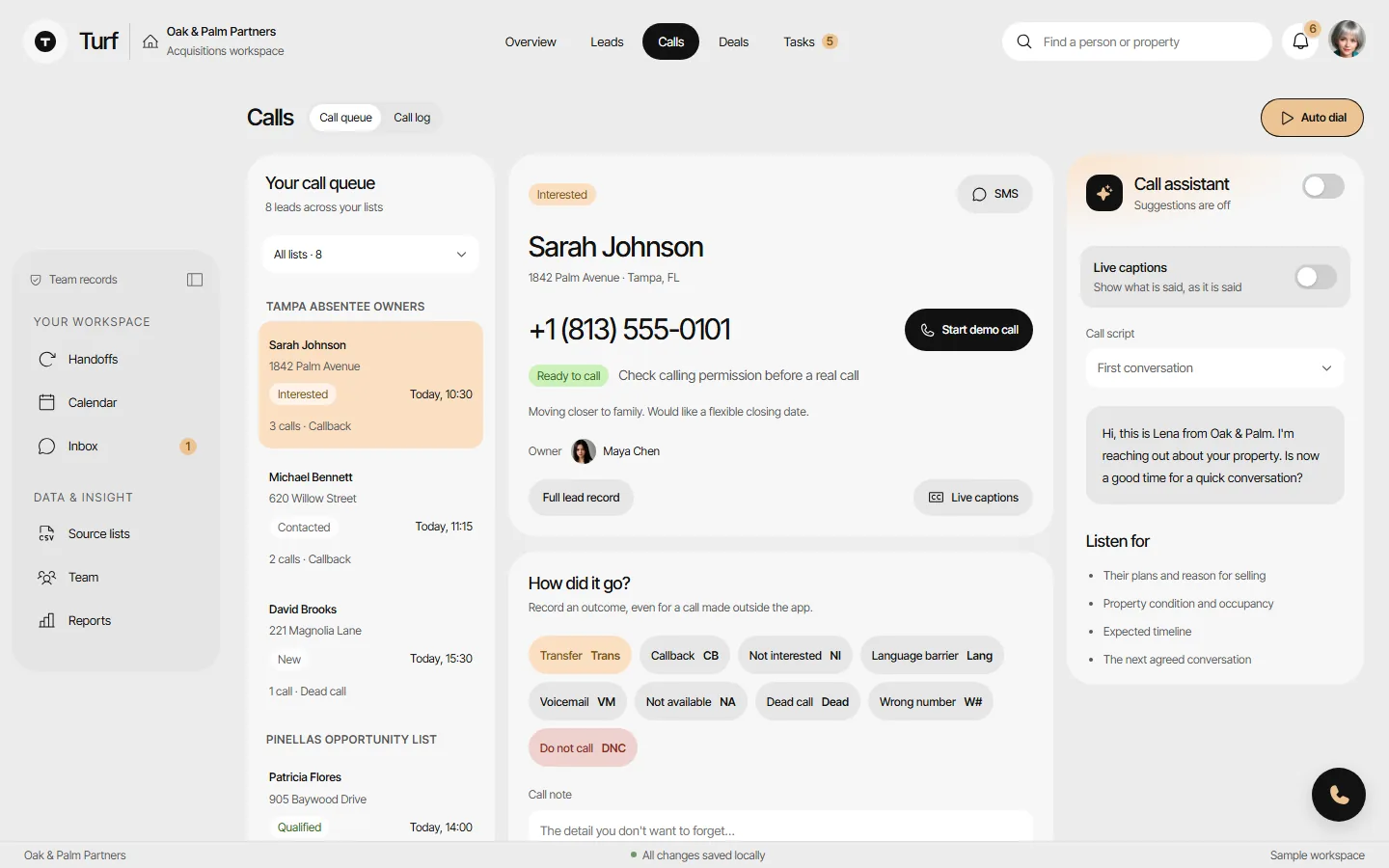The Calls page: a call queue, the lead being called with the phone number and Start call button, and the call assistant.