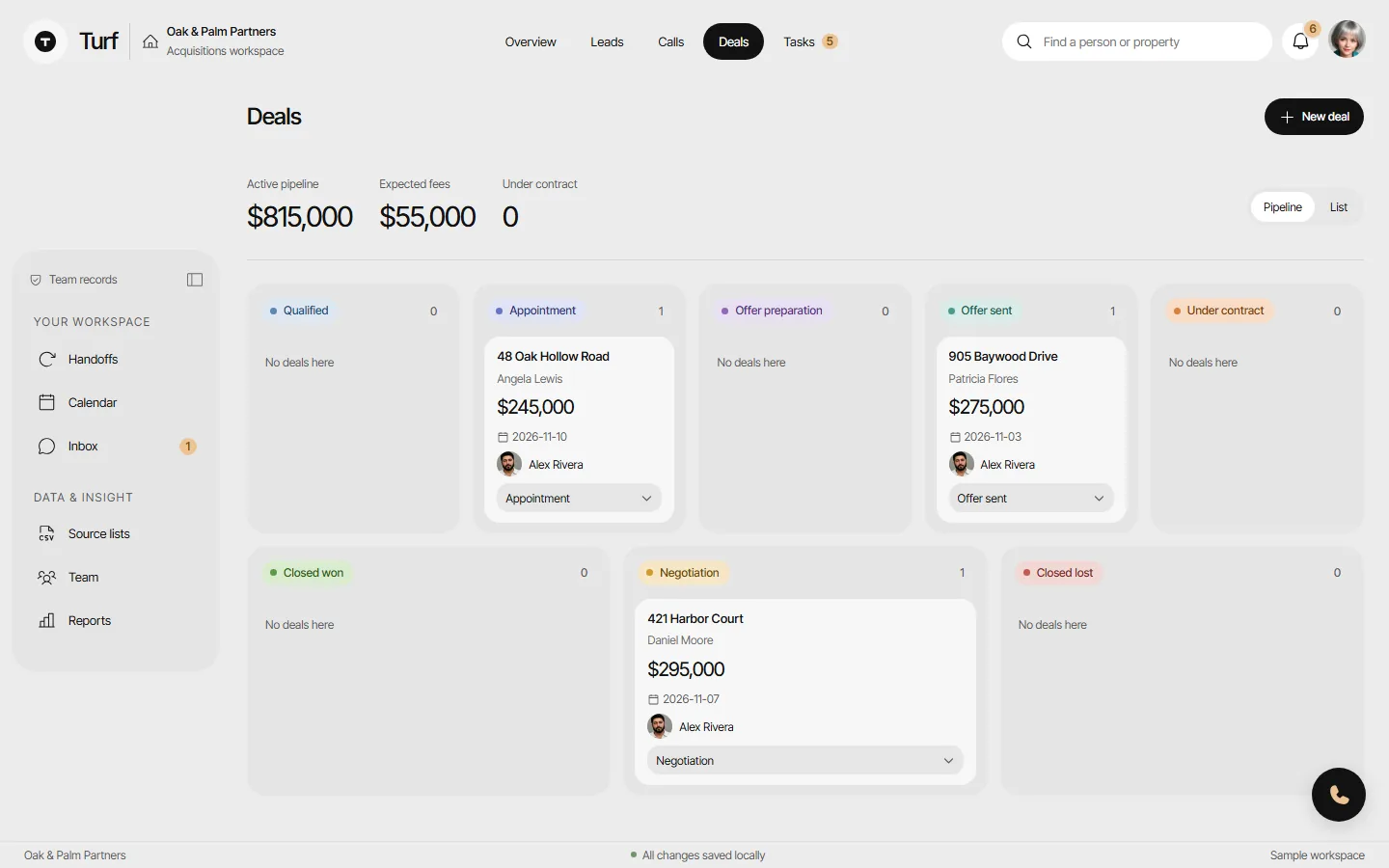 The Deals board with stages from Qualified to Closed won.