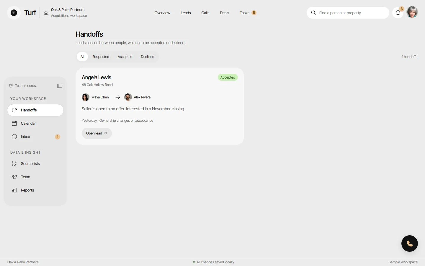 The Handoffs page showing requests passed from callers to closers.